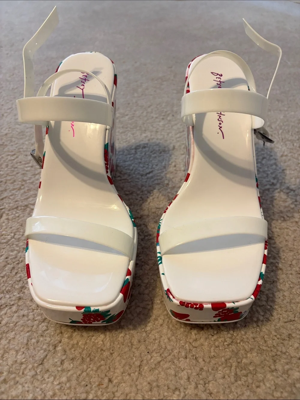 Betsey Johnson White Platform Sandals with Red & Green Floral Trim